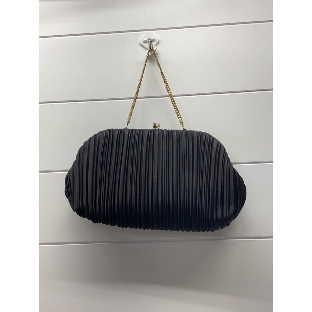 Vintage HL USA Black Pleated Satin Evening Clutch Bag Gold Chain Made in USA